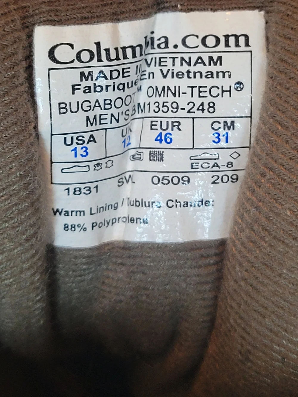 Columbia Bugaboot Brown Thinsulate 200G Hiking Winter‎ Snow Boots, Size Mens 13